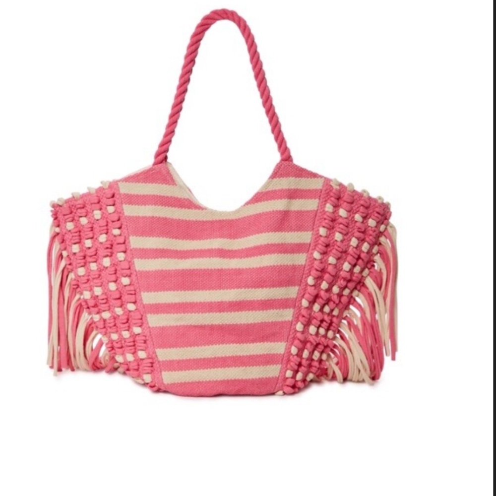 NWT Pink and White Striped Fringe Tote Beach Bag - Picture 2 of 9